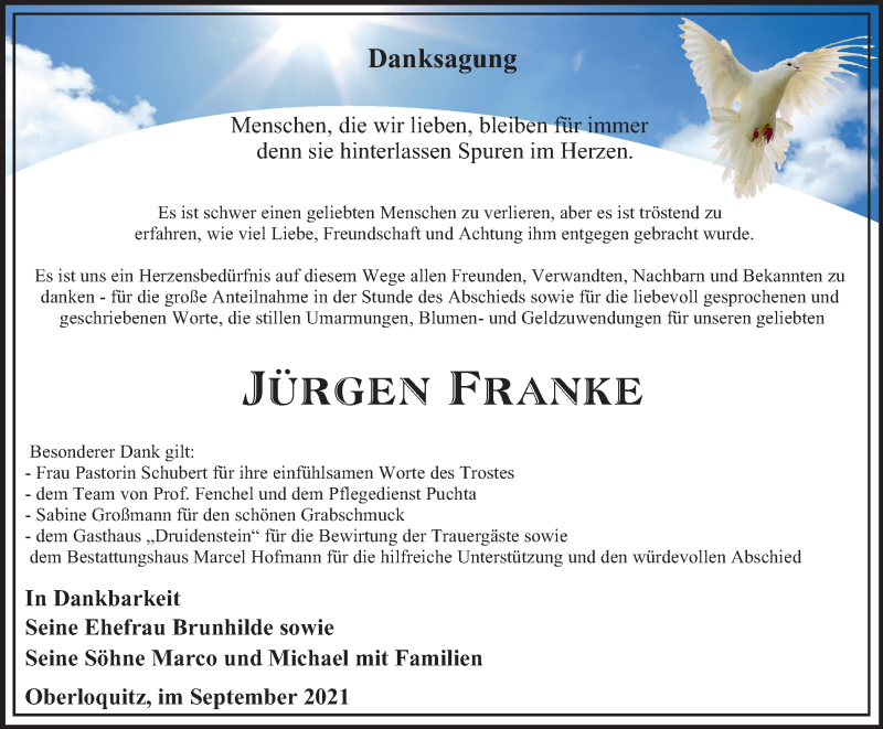  Traueranzeige für Jürgen Franke vom 04.09.2021 aus Ostthüringer Zeitung