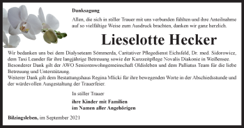 Traueranzeige von Lieselotte Hecker von Thüringer Allgemeine