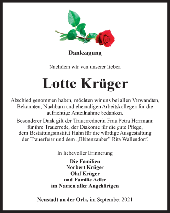 Traueranzeige von Lotte Krüger