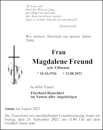 Traueranzeige von Magdalene Freund von Ostthüringer Zeitung