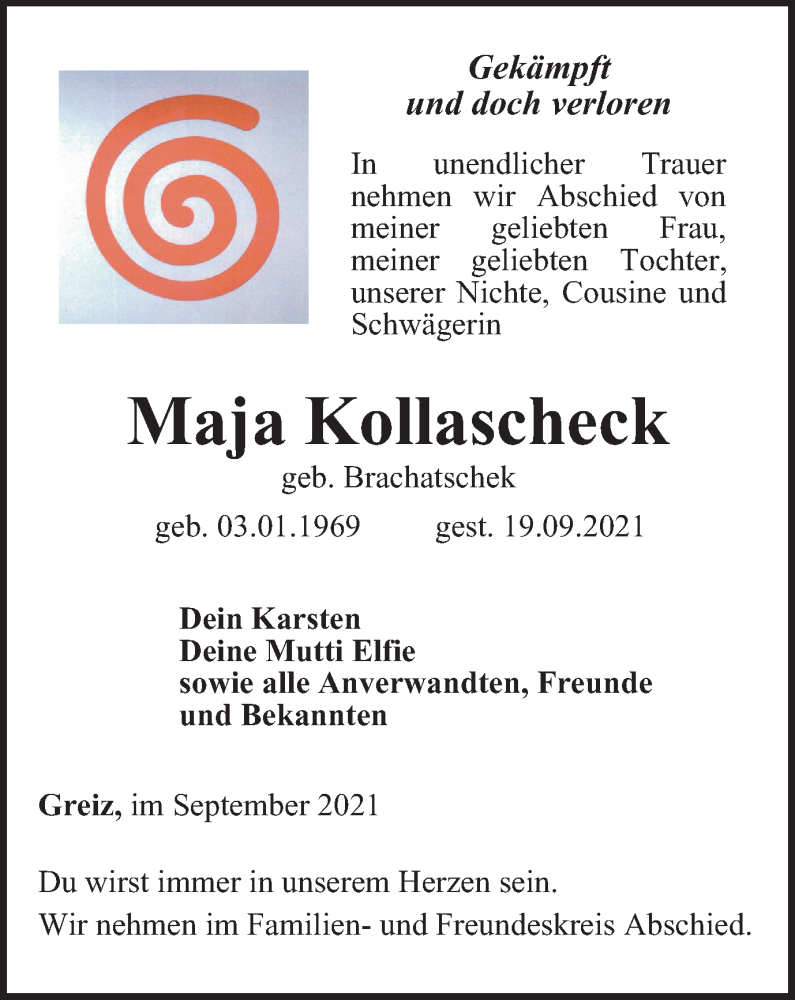  Traueranzeige für Maja Kollascheck vom 24.09.2021 aus Ostthüringer Zeitung
