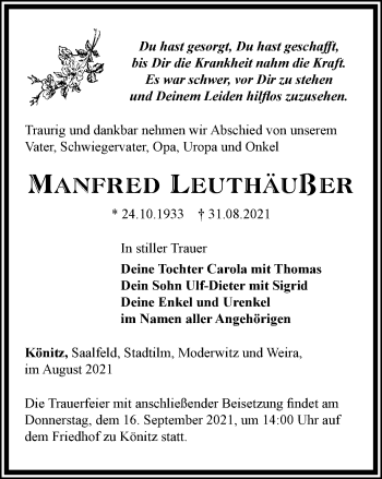 Traueranzeige von Manfred Leuthäußer von Ostthüringer Zeitung