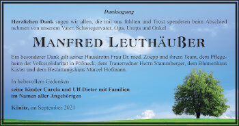 Traueranzeige von Manfred Leuthäußer von Ostthüringer Zeitung