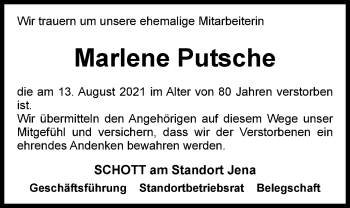 Traueranzeige von Marlene Putsche von Ostthüringer Zeitung, Thüringische Landeszeitung