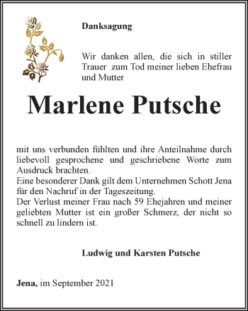 Traueranzeige von Marlene Putsche von Ostthüringer Zeitung, Thüringische Landeszeitung