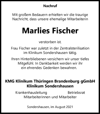 Traueranzeige von Marlies Fischer