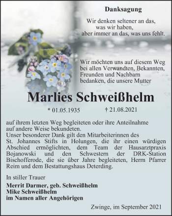 Traueranzeige von Marlies Schweißhelm von Thüringer Allgemeine