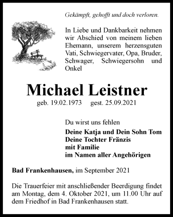 Traueranzeige von Michael Leistner von Thüringer Allgemeine