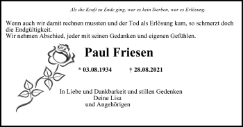 Traueranzeige von Paul Friesen von Thüringer Allgemeine