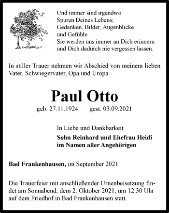 Traueranzeige von Paul Otto von Thüringer Allgemeine