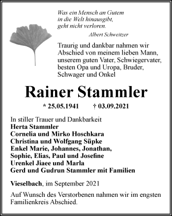 Traueranzeige von Rainer Stammler von Thüringer Allgemeine