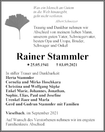 Traueranzeige von Rainer Stammler von Thüringer Allgemeine, Thüringische Landeszeitung