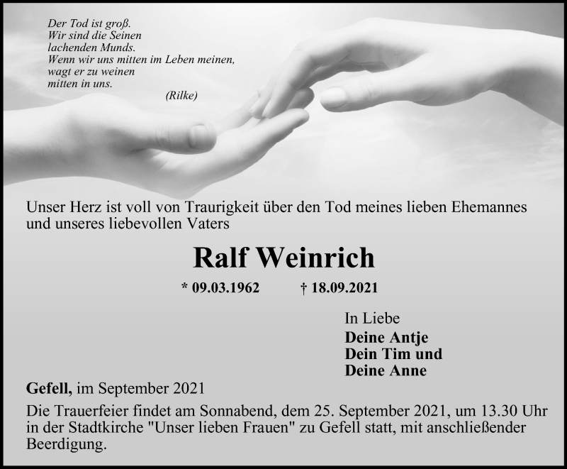  Traueranzeige für Ralf Weinrich vom 22.09.2021 aus Ostthüringer Zeitung