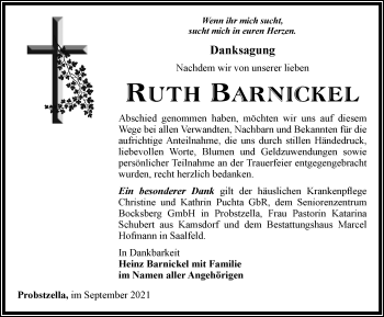 Traueranzeige von Ruth Barnickel von Ostthüringer Zeitung