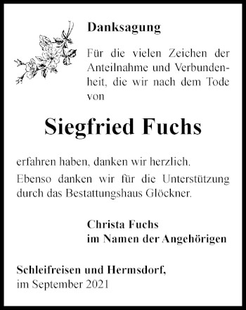 Traueranzeige von Siegfried Fuchs von Ostthüringer Zeitung