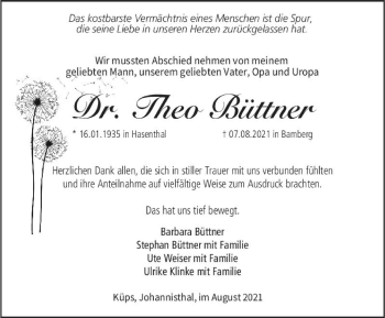 Traueranzeige von Theo Büttner von Ostthüringer Zeitung