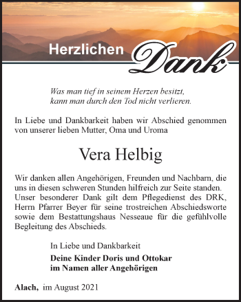 Traueranzeige von Vera Helbig von Thüringer Allgemeine, Thüringische Landeszeitung