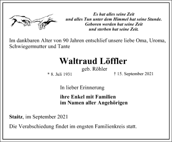 Traueranzeige von Waltraud Löffler von Ostthüringer Zeitung