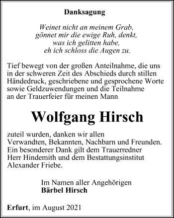 Traueranzeige von Wolfgang Hirsch