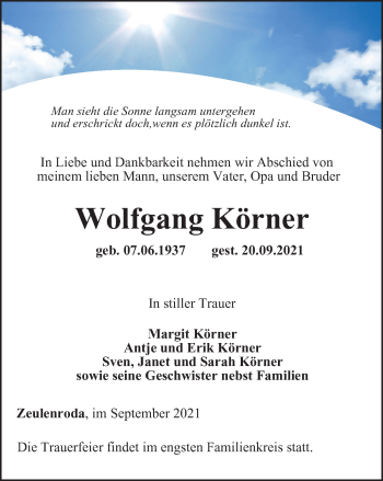 Traueranzeige von Wolfgang Körner von Ostthüringer Zeitung