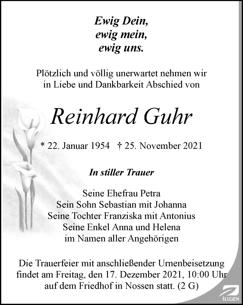  Traueranzeige für Reinhard Guhr vom 04.12.2021 aus Thüringer Allgemeine, Thüringische Landeszeitung