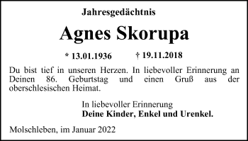 Traueranzeige von Agnes Skorupa von Thüringer Allgemeine, Thüringische Landeszeitung