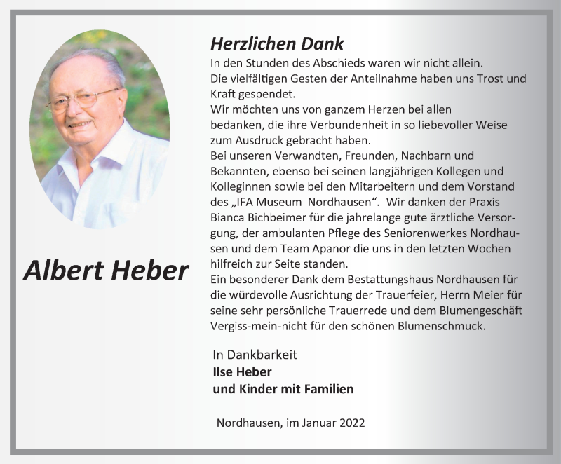  Traueranzeige für Albert Heber vom 08.01.2022 aus Thüringer Allgemeine