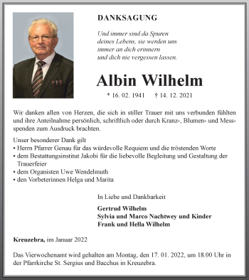 Traueranzeige von Albin Wilhelm von Thüringer Allgemeine