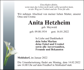 Traueranzeige von Anita Hetzheim von Ostthüringer Zeitung