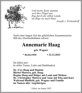 Traueranzeige von Annemarie Haag von Thüringer Allgemeine, Thüringische Landeszeitung