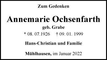 Traueranzeige von Annemarie Ochsenfarth von Thüringer Allgemeine, Thüringische Landeszeitung