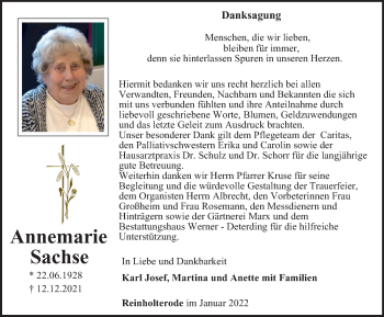Traueranzeige von Annemarie Sachse von Thüringer Allgemeine