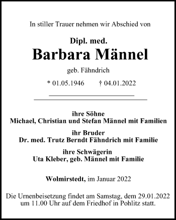 Traueranzeige von Barbara Männel von Ostthüringer Zeitung