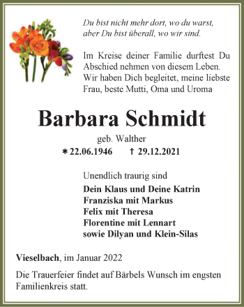 Traueranzeige von Barbara Schmidt von Thüringer Allgemeine, Thüringische Landeszeitung