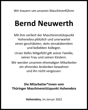 Traueranzeige von Bernd Neuwerth von Thüringer Allgemeine