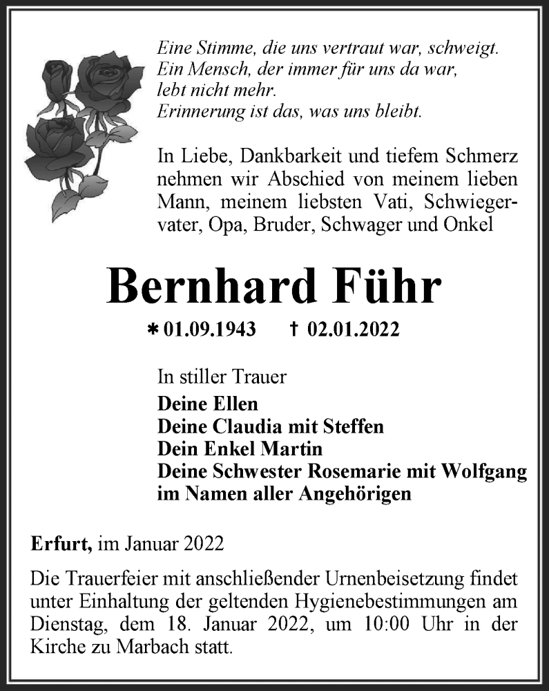  Traueranzeige für Bernhard Führ vom 15.01.2022 aus Thüringer Allgemeine, Thüringische Landeszeitung