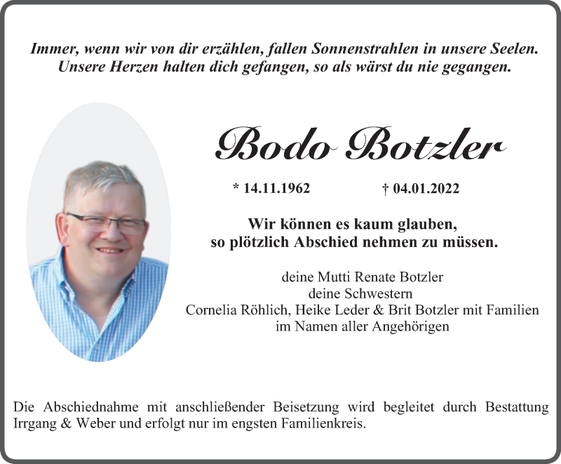  Traueranzeige für Bodo Botzler vom 15.01.2022 aus Ostthüringer Zeitung