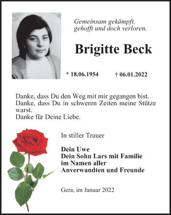 Traueranzeige von Brigitte Beck von Ostthüringer Zeitung