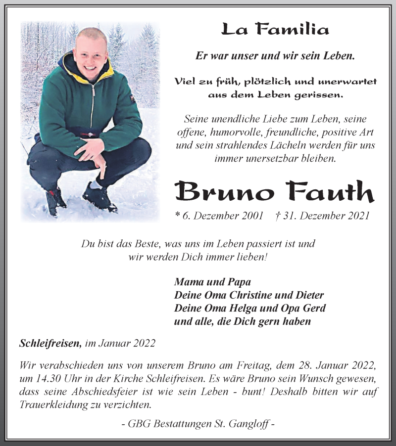  Traueranzeige für Bruno Fauth vom 15.01.2022 aus Ostthüringer Zeitung