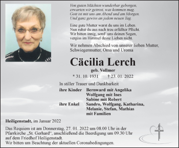 Traueranzeige von Cäcilia Lerch von Thüringer Allgemeine