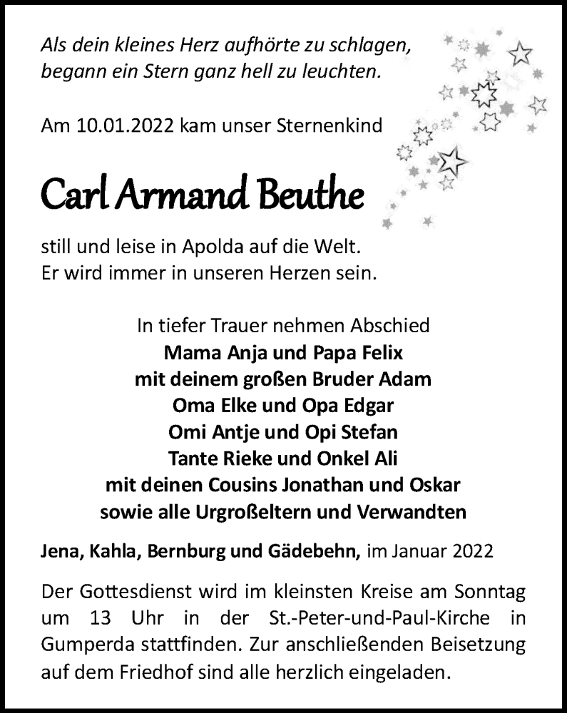  Traueranzeige für Carl Armand Beuthe vom 15.01.2022 aus Ostthüringer Zeitung, Thüringische Landeszeitung