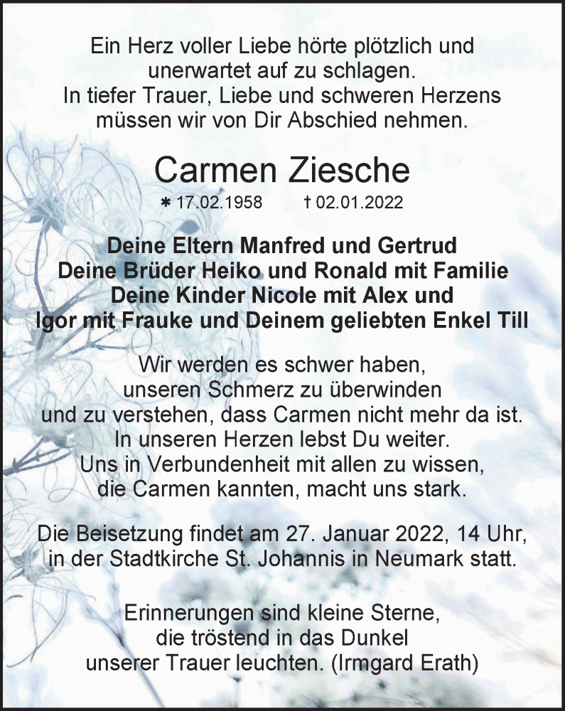  Traueranzeige für Carmen Ziesche vom 15.01.2022 aus Thüringer Allgemeine, Thüringische Landeszeitung