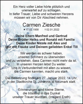 Traueranzeige von Carmen Ziesche von Thüringer Allgemeine, Thüringische Landeszeitung