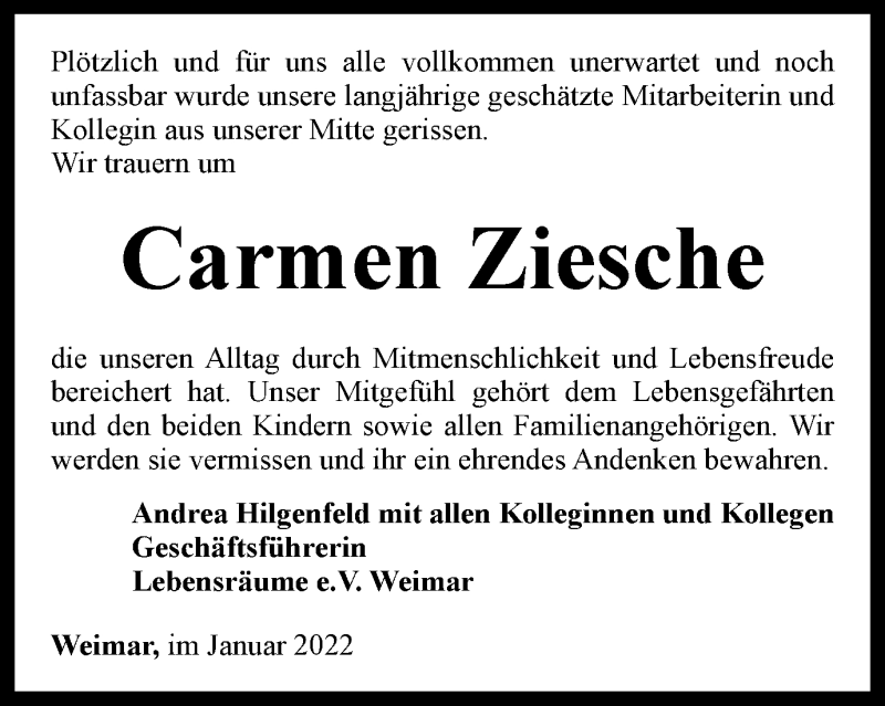  Traueranzeige für Carmen Ziesche vom 08.01.2022 aus Thüringer Allgemeine, Thüringische Landeszeitung
