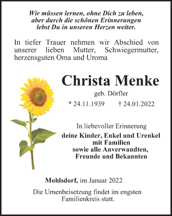 Traueranzeige von Christa Menke von Ostthüringer Zeitung