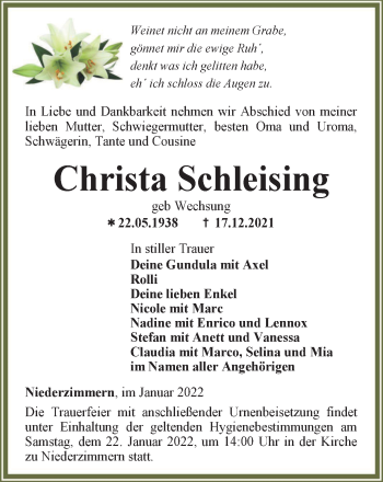 Traueranzeige von Christa Schleising von Thüringer Allgemeine, Thüringische Landeszeitung