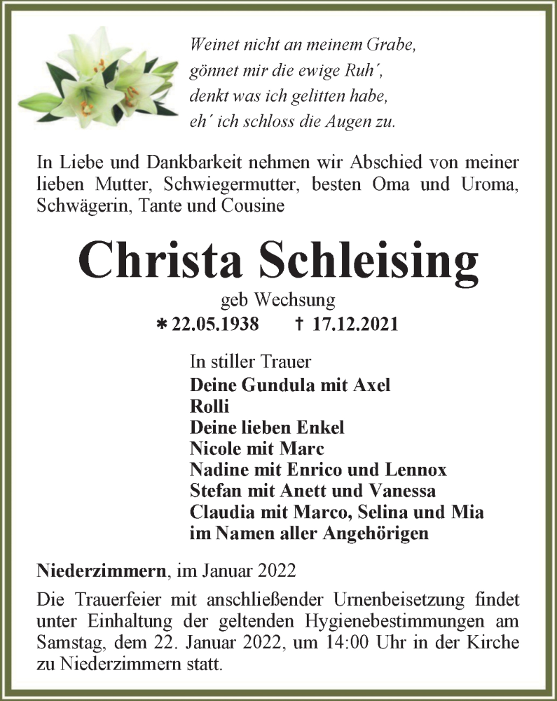  Traueranzeige für Christa Schleising vom 15.01.2022 aus Thüringer Allgemeine, Thüringische Landeszeitung