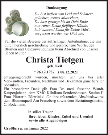 Traueranzeige von Christa Tietgen von Thüringer Allgemeine