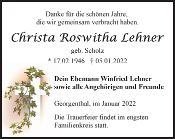 Traueranzeige von Christa Roswitha Lehner von Thüringer Allgemeine, Thüringische Landeszeitung