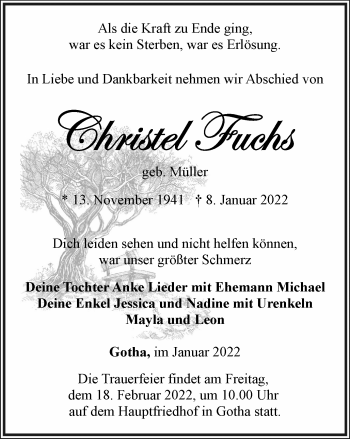 Traueranzeige von Christel Fuchs von Thüringer Allgemeine, Thüringische Landeszeitung
